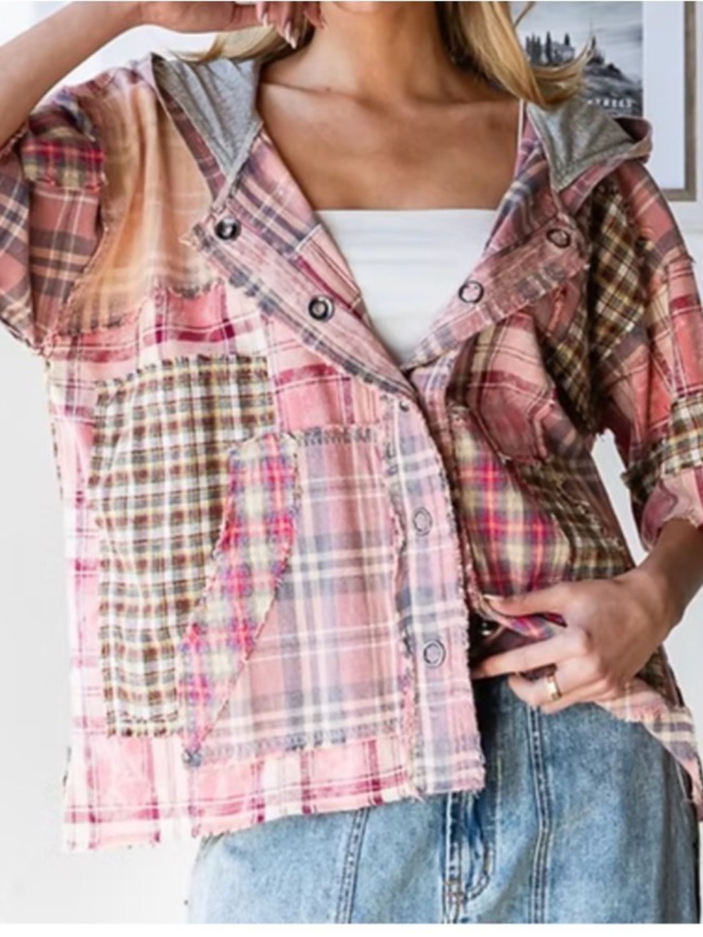 Oli & Hali Pink Plaid Patchwork Hooded Shirt Jacket